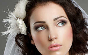Wedding. Young Gentle Quiet Bride in Classic White Veil Looking Away Airbrush Makeup Services at Salon One.